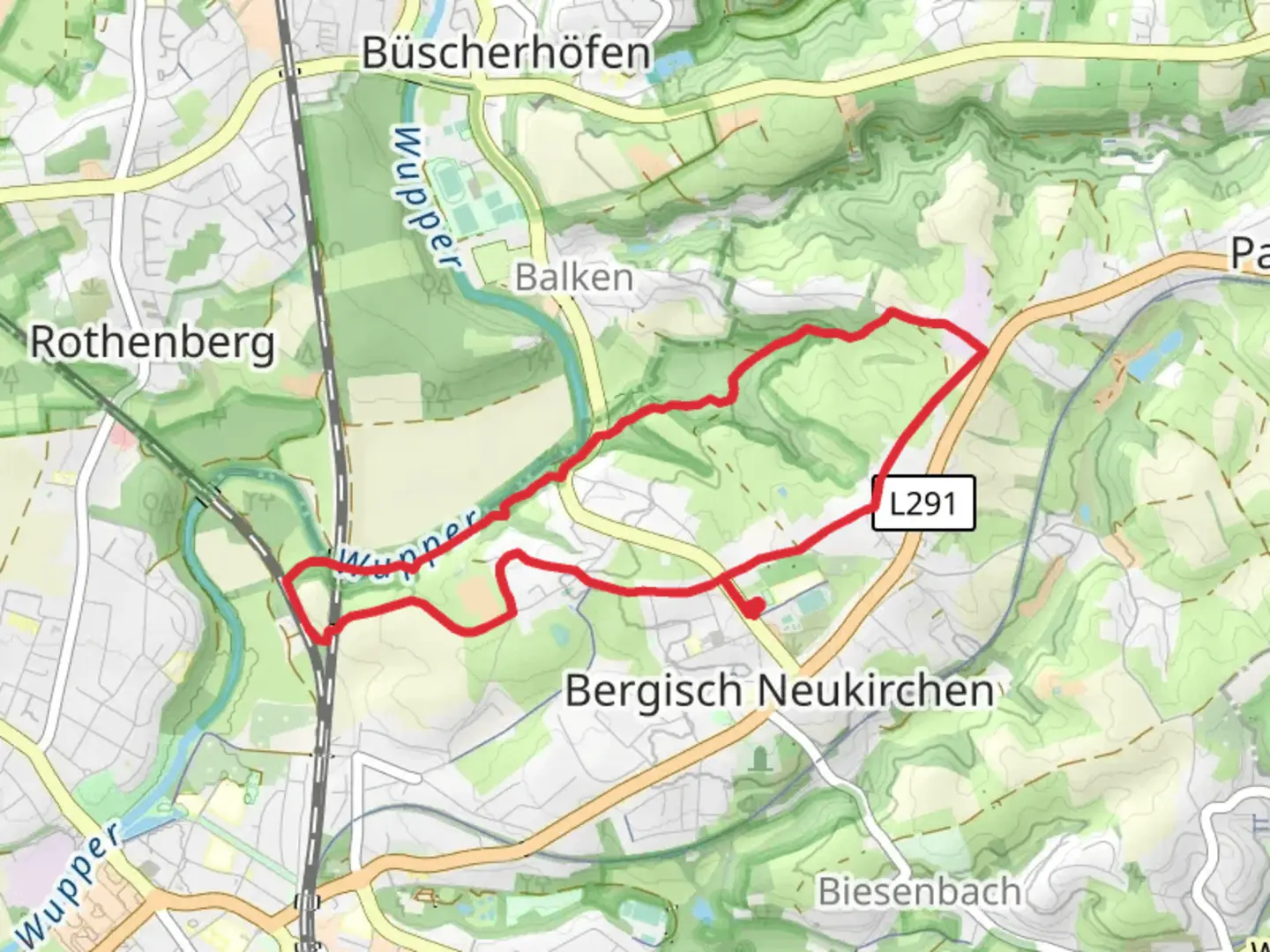 An image depicting the trail Wupper via Bergisch Neukirchen Rundweg and Leichlingen and its surrounding area.