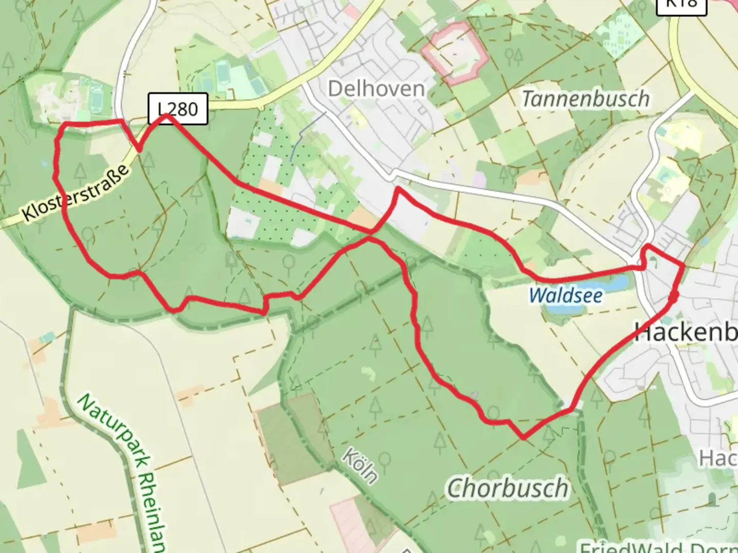 An image depicting the trail Waldsee and Chorbusch Loop and its surrounding area.