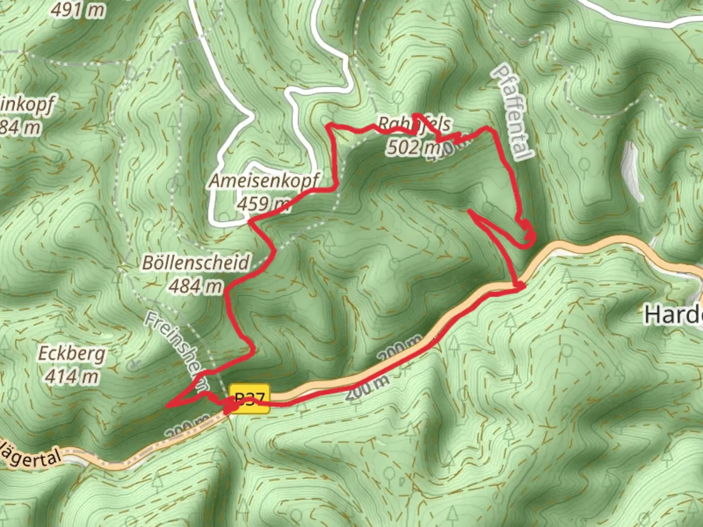 An image depicting the trail Rahnfels Loop via Pfälzerwald Weißes Dreieck and Pfälzerwald Weißer Punkt and its surrounding area.