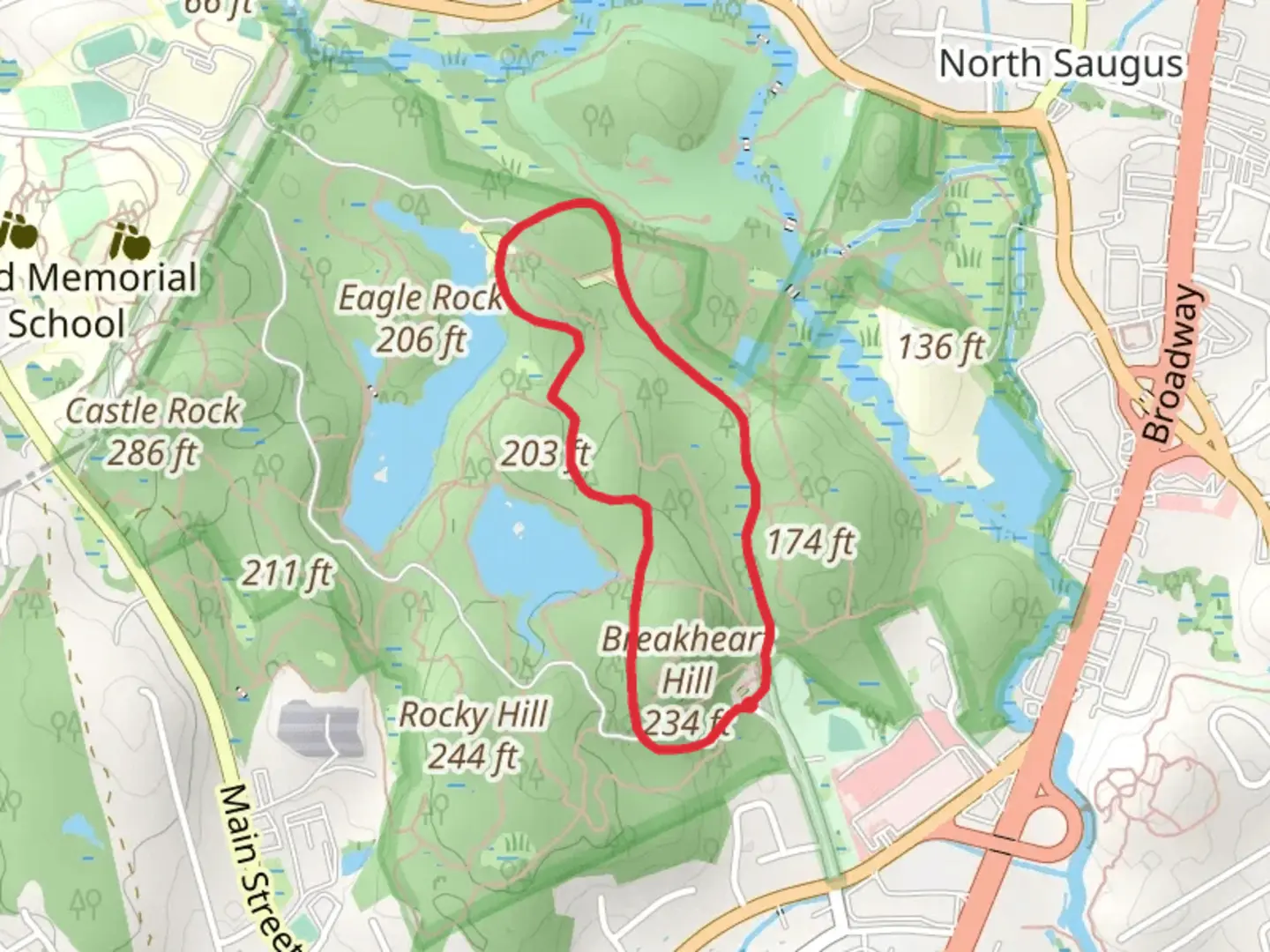 An image depicting the trail Breakheart Hill via Pine Tops Road and its surrounding area.