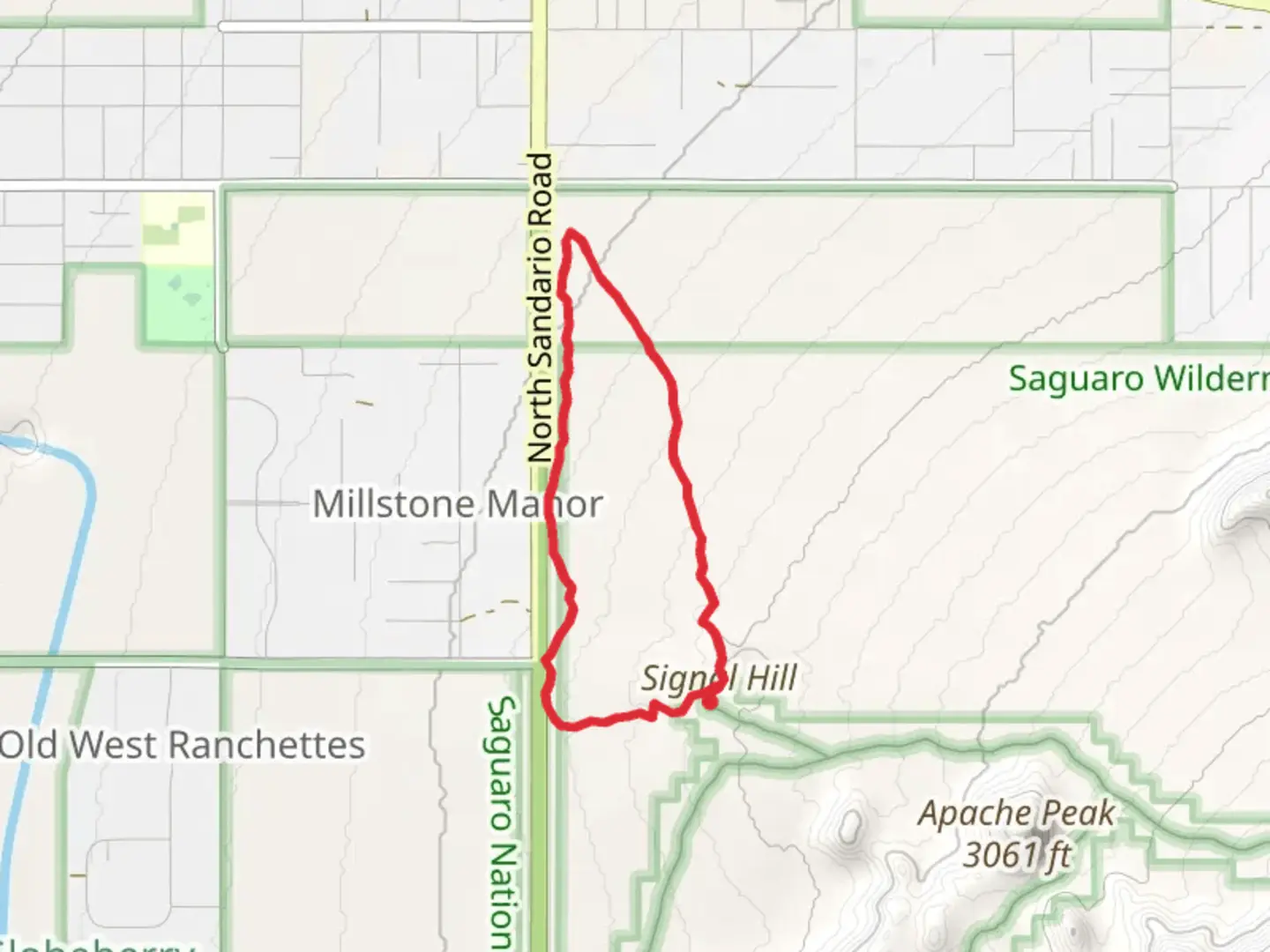 An image depicting the trail Signal Hill - Cactus Wren - Manville Loop Trail and its surrounding area.