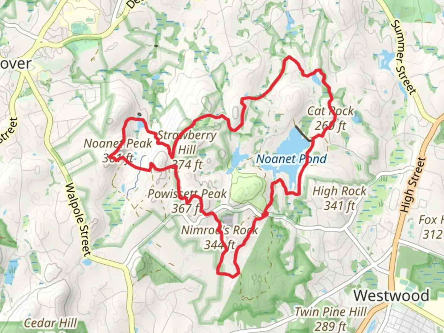 An image depicting the trail Noanet Pond, Cat Rock, Noanet Peak, Powissett Peak and Nimrod's Rock Loop and its surrounding area.