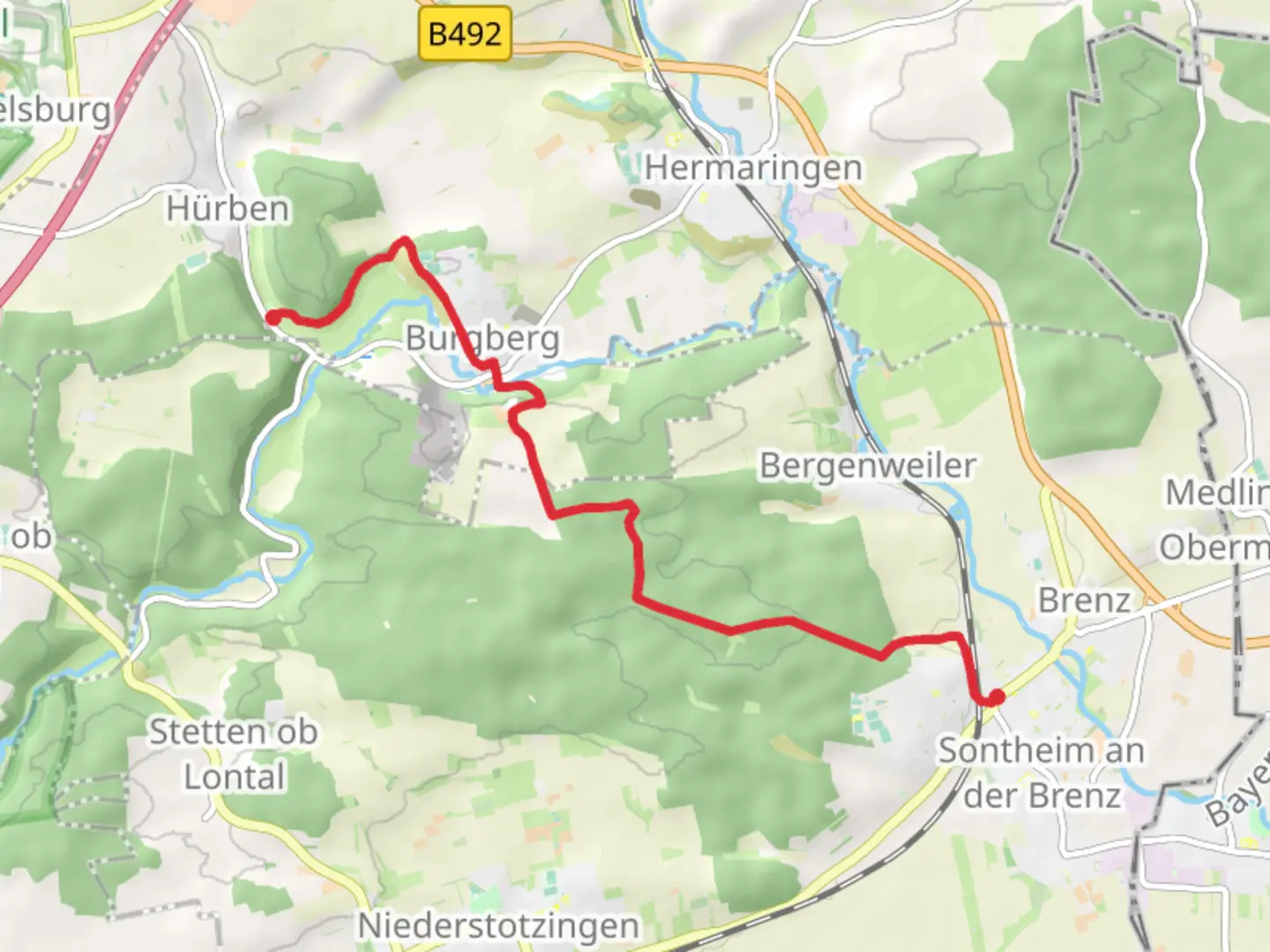 An image depicting the trail Sontheim to Charlottenhohle Walk via Burgberg and its surrounding area.