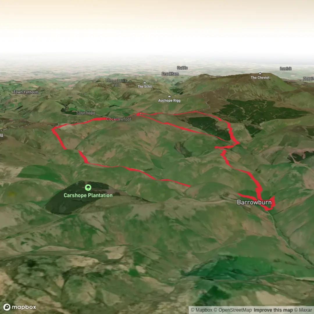 An image depicting the trail Swineside Law, Russell's Cairn and Windy Gyle Loop and its surrounding area.