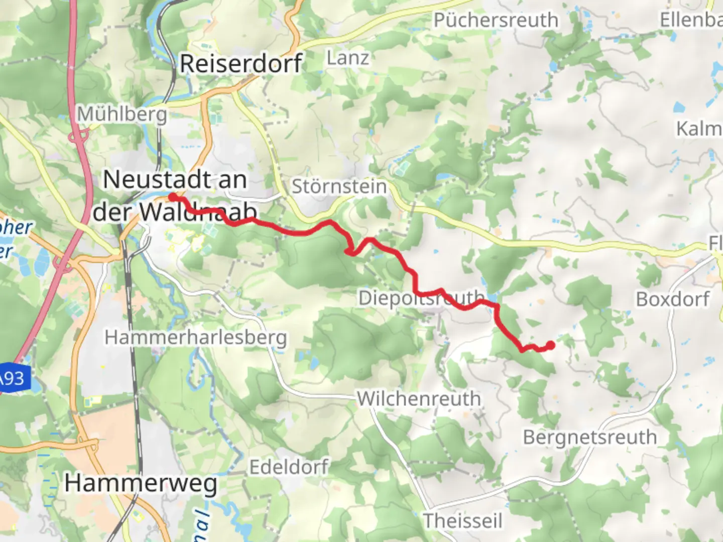 An image depicting the trail Neustadt - Waldnaab to Ritzlersreuth via Harlesberg and its surrounding area.