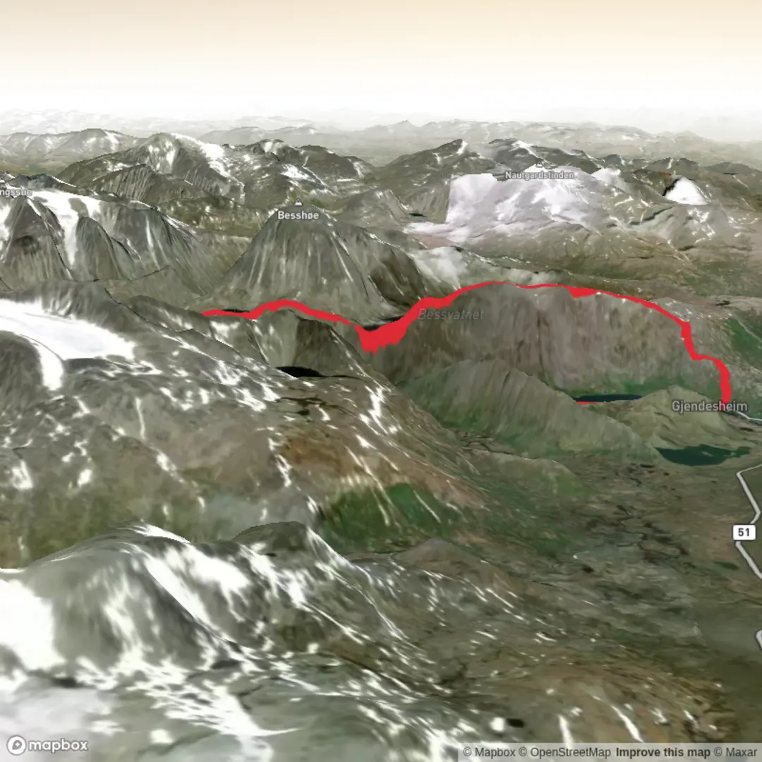 An image depicting the trail Gjendesheim - Besseggen - Gjendesheim and its surrounding area.