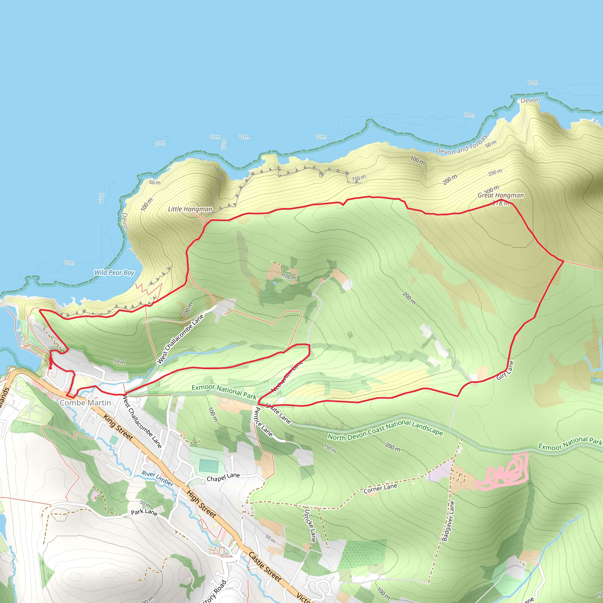 Combe Martin and Great Hangman Loop mobile static map