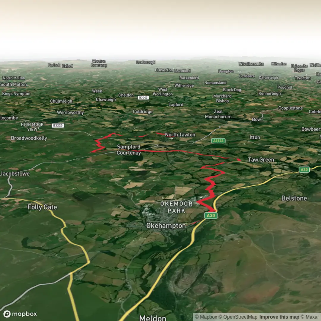 An image depicting the trail Okehampton to North Tawton and its surrounding area.
