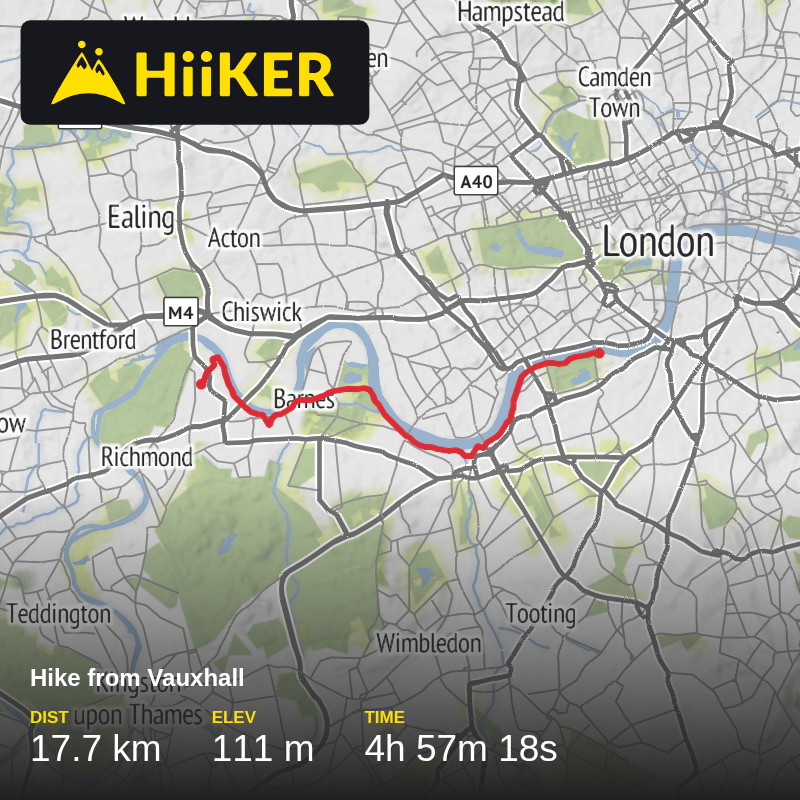A map preview of the recording Hike from Vauxhall.