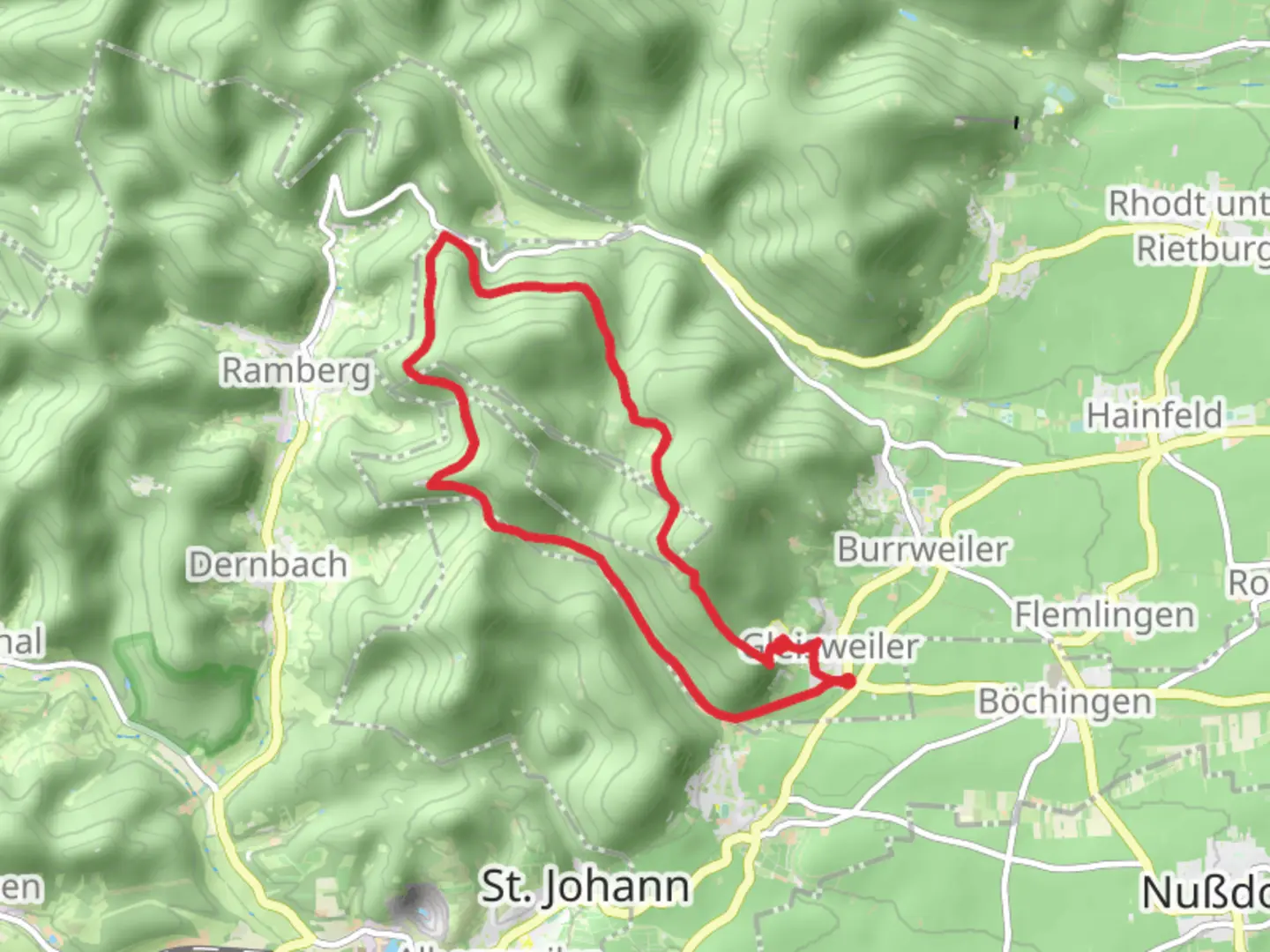 An image depicting the trail Neuscharfeneck Loop via Pfälzerwald Rot Weiber Balken and its surrounding area.