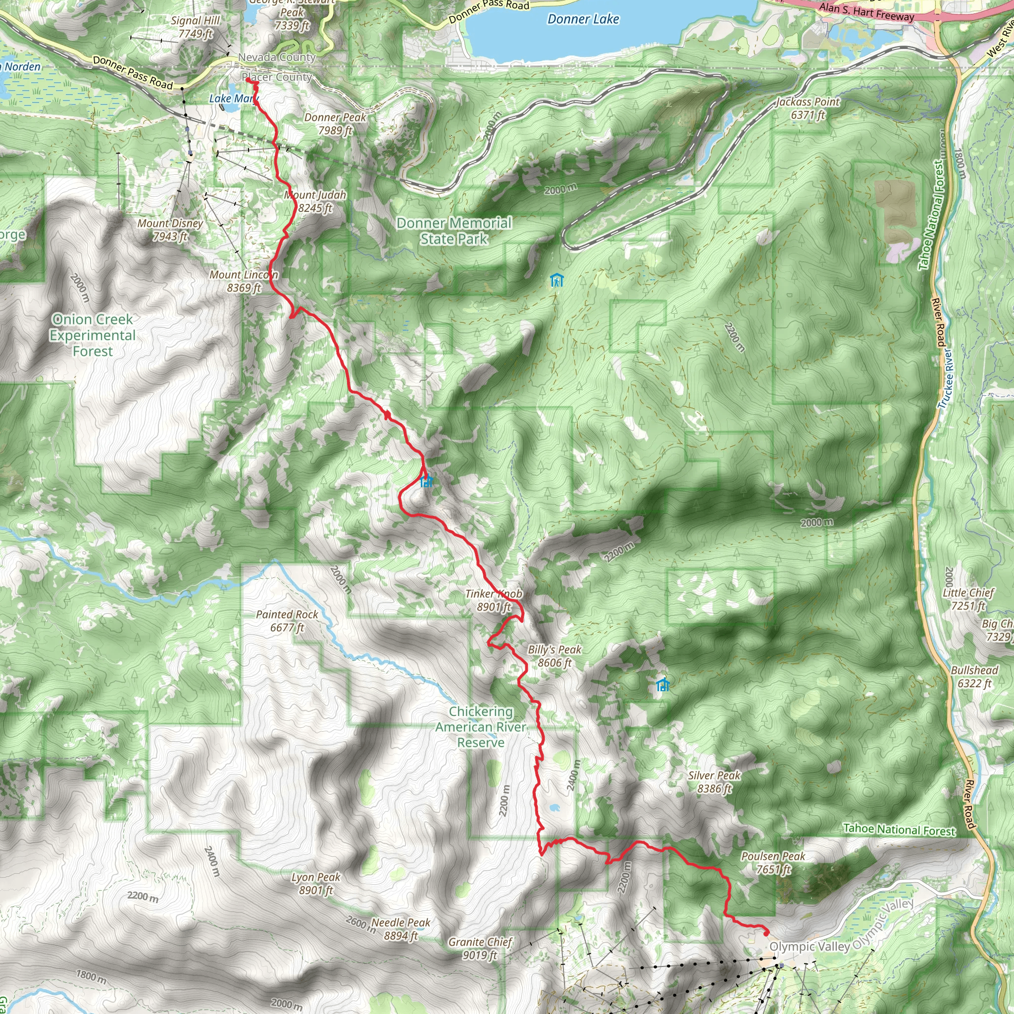 Lake Mary to Olympic Valley via Pacific Crest Trail mobile static map