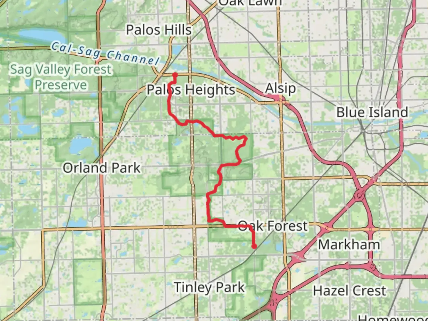 An image depicting the trail Tinley Creek Purple Paved Trail and OBT - 5 and its surrounding area.