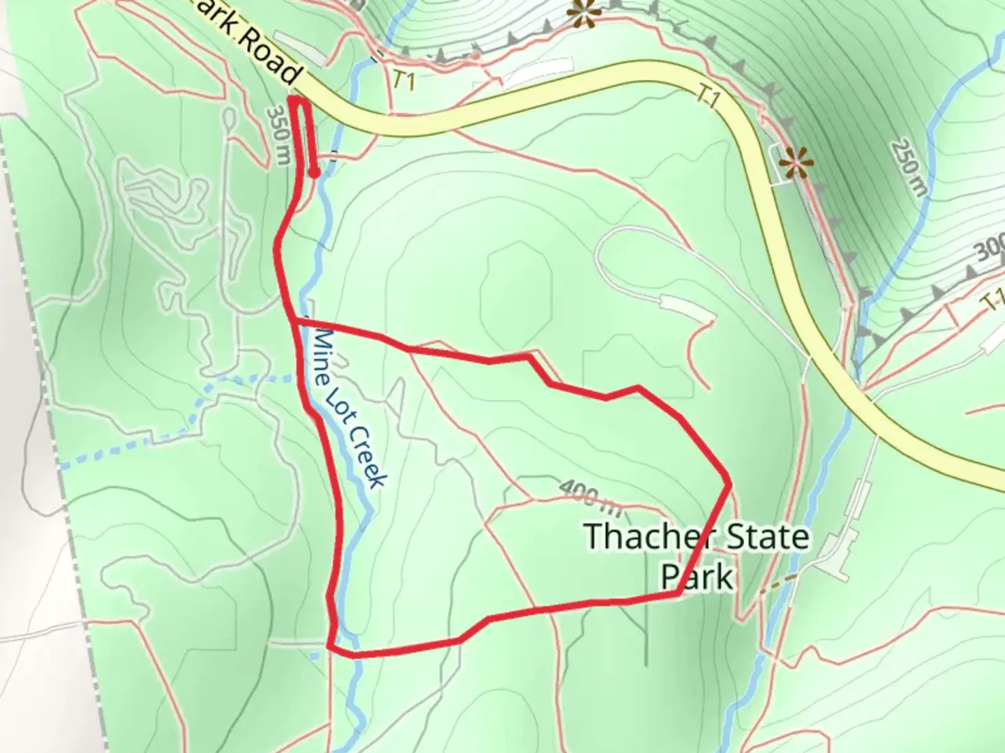 An image depicting the trail Mine Lot Creek via Red Trail and Long Path and its surrounding area.