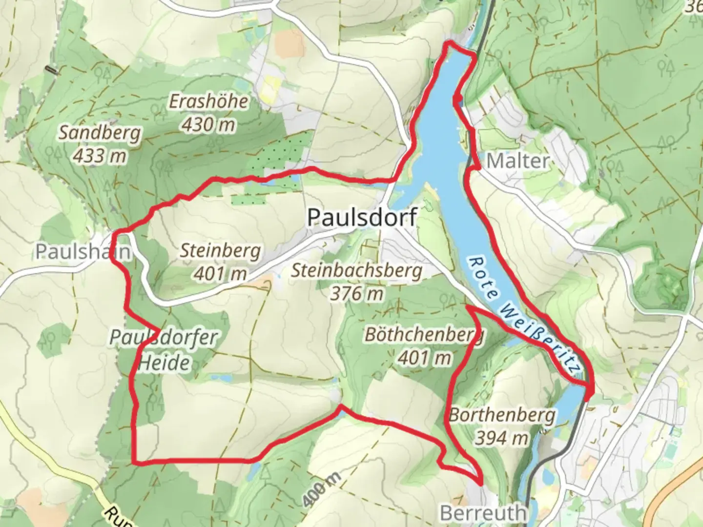An image depicting the trail Talsperre Malter, Paulsdorfer Heide and Bothchen Loop and its surrounding area.