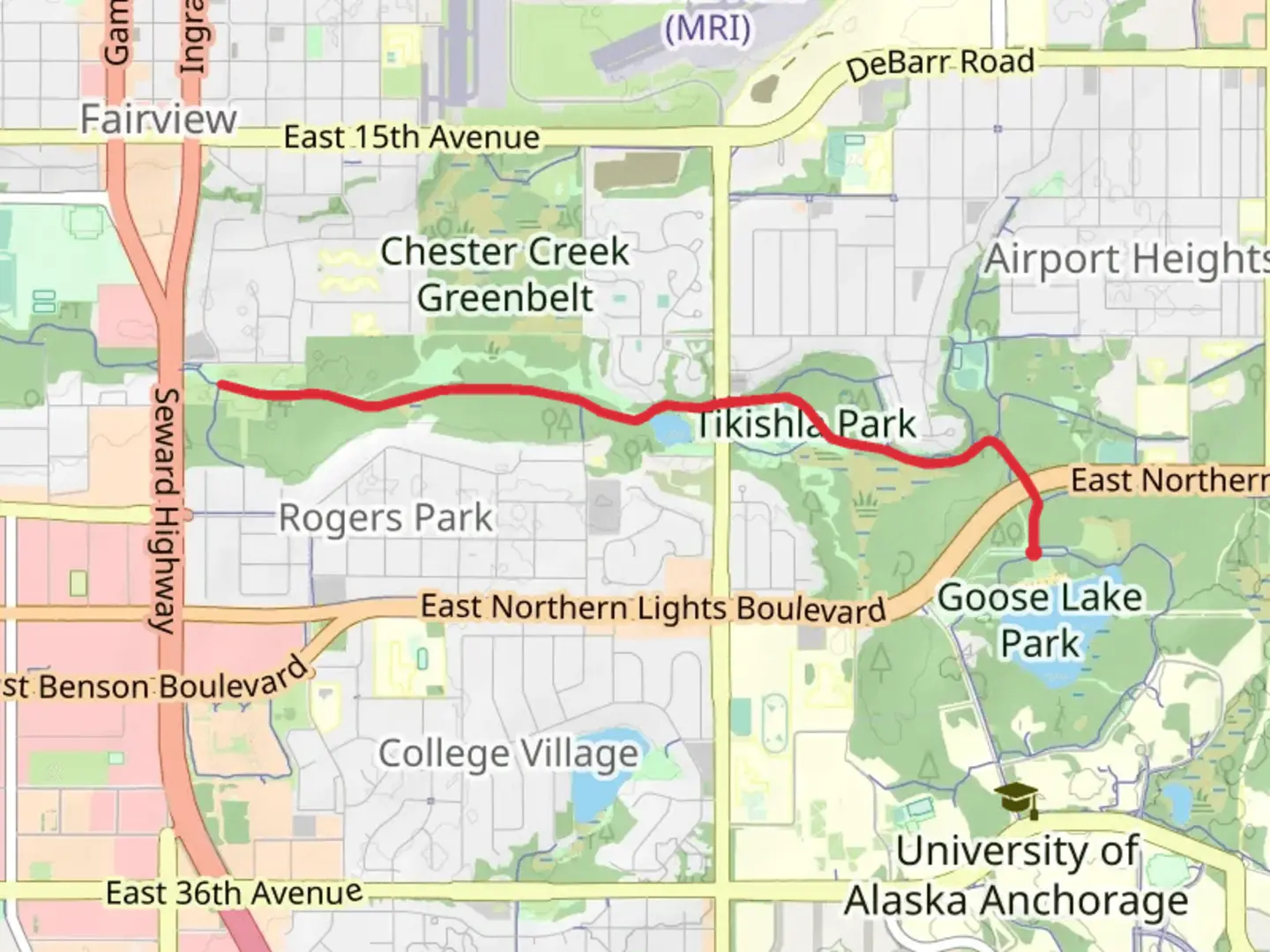 An image depicting the trail Chester Creek Trail from Goose Lake and its surrounding area.