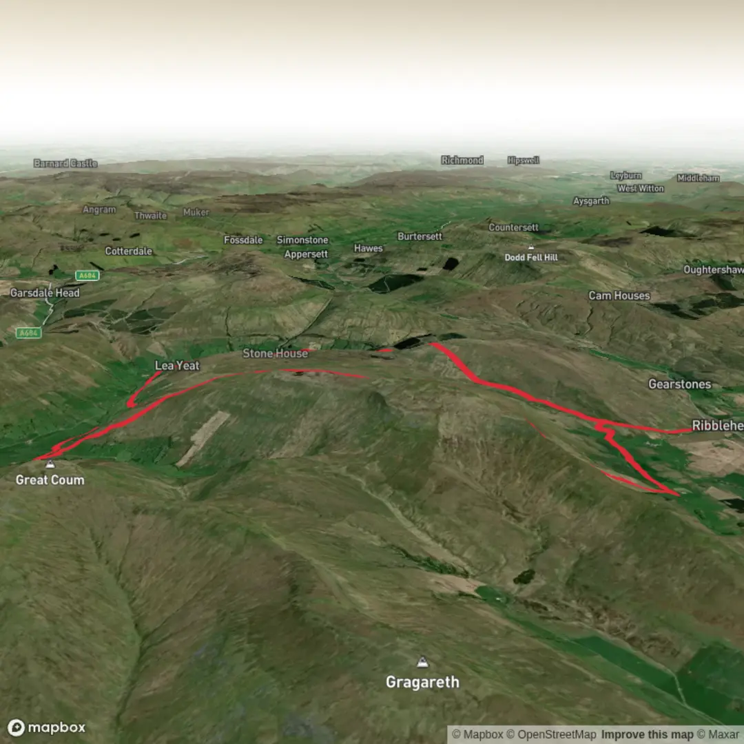 An image depicting the trail Whearnside to dent and back and its surrounding area.