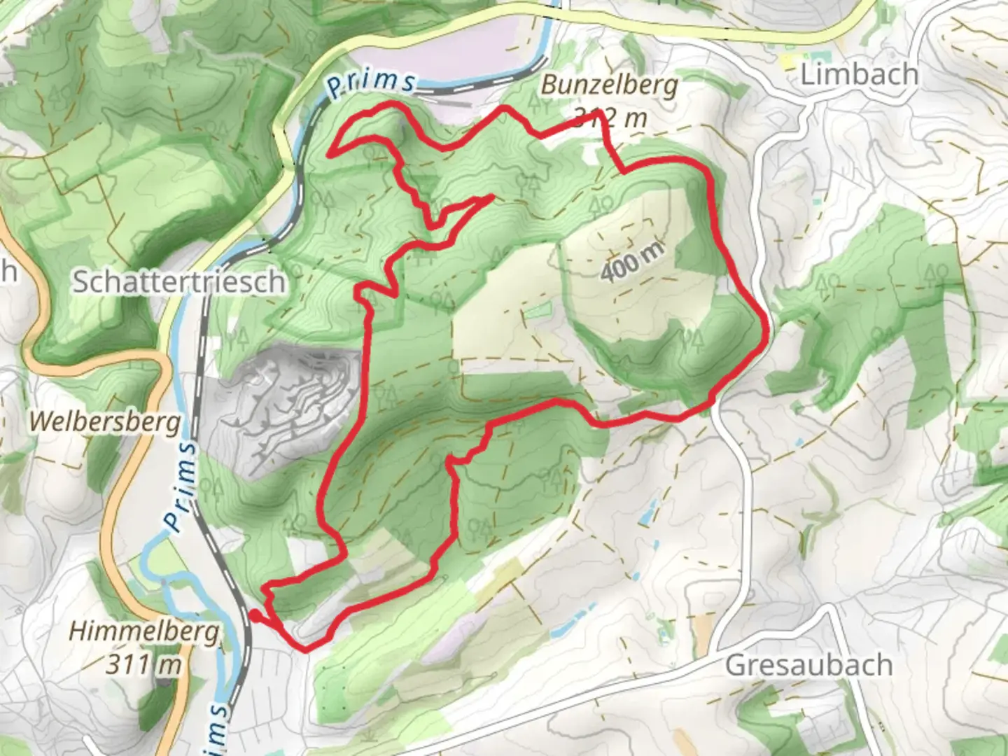An image depicting the trail Kohlemeiler, Die Berg and Hoxfels Loop and its surrounding area.
