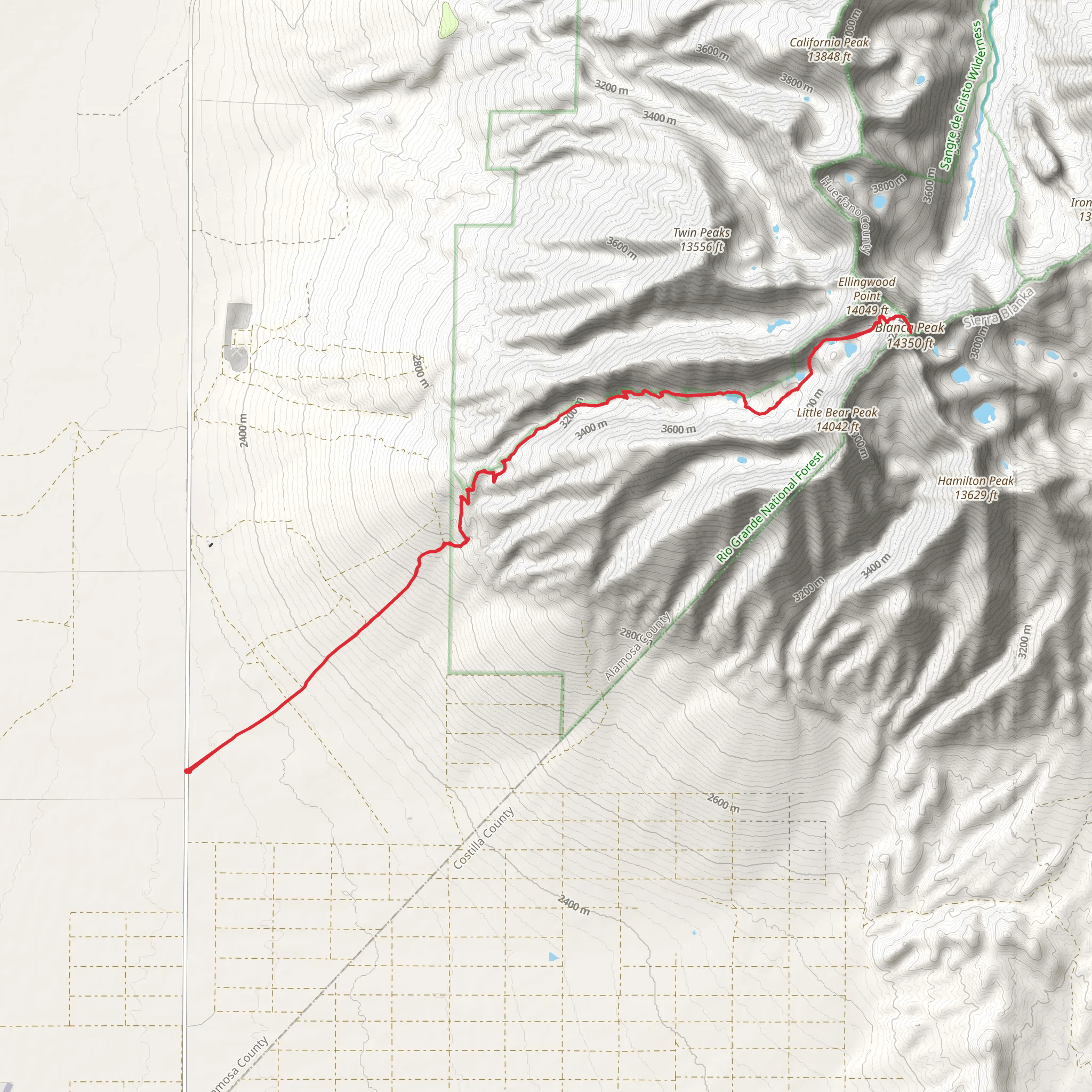 Blanca Peak -Sisnaajiní via Crater Lake, Blue Lake and Lake Como mobile static map
