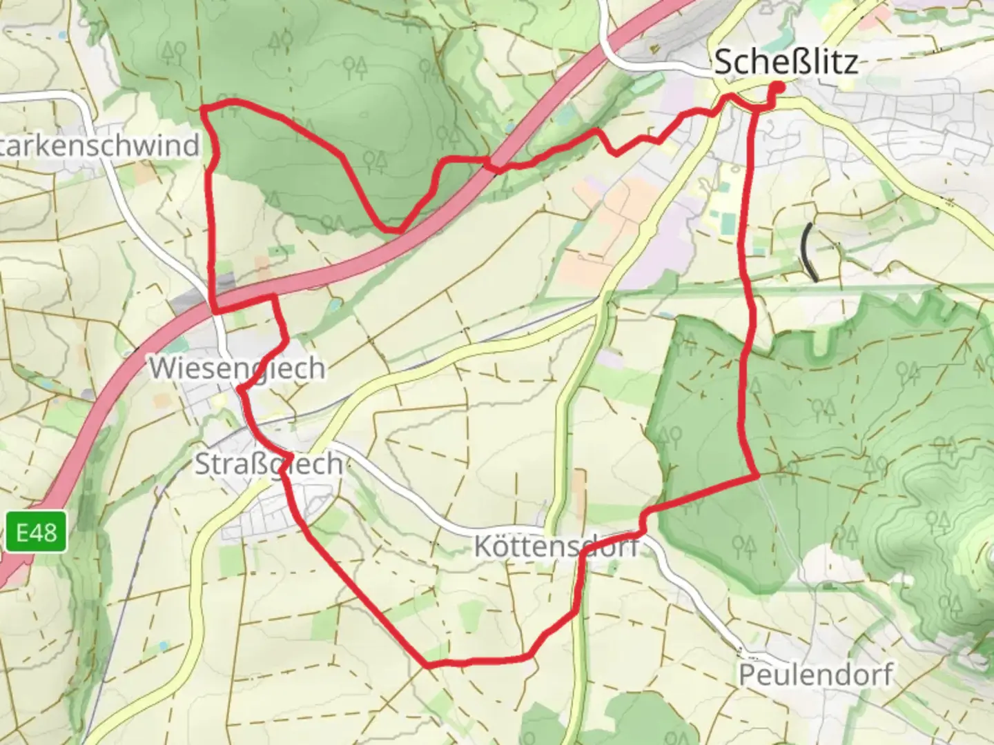 An image depicting the trail Pfaffenritt and Koettens-Dorf Loop and its surrounding area.
