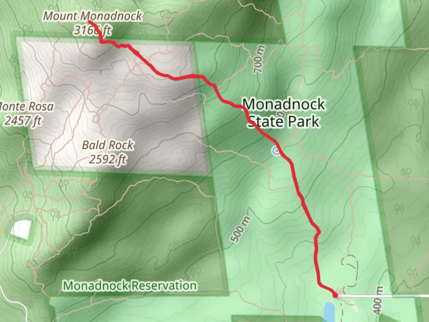 An image depicting the trail Mount Monadnock from Poole Reservoir and its surrounding area.