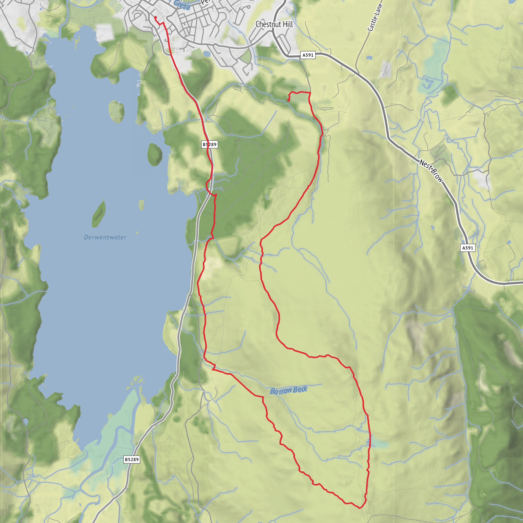 Blaeberry fell, High Seat, Ashness Bridge to Keswick from Castlerigg Hall campsite mobile static map