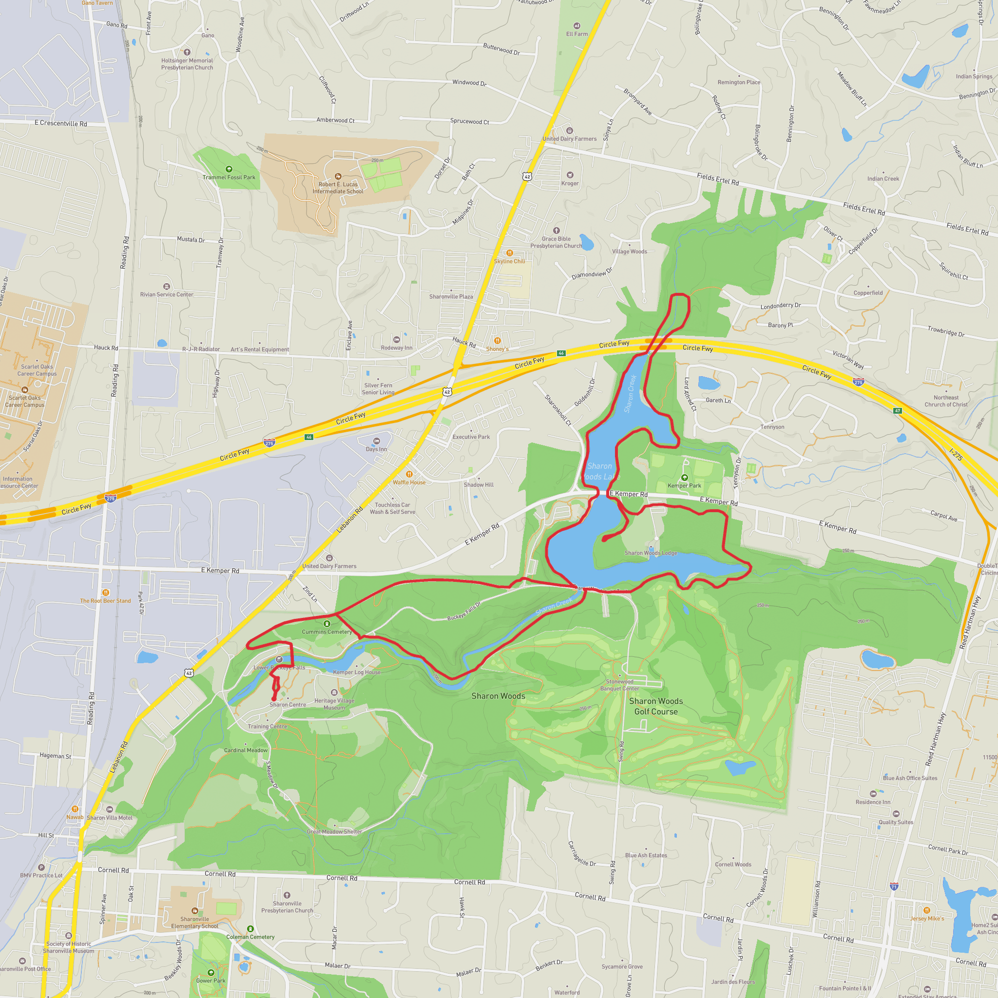 Lower Buckeye Falls and Sharon Woods Lake in Sharon Woods mobile static map