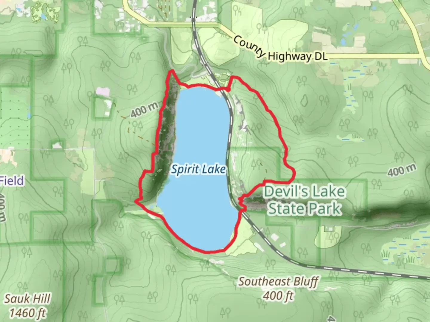 An image depicting the trail Ice Age and East Bluff Woods Loop Trail - Spirit Lake and its surrounding area.