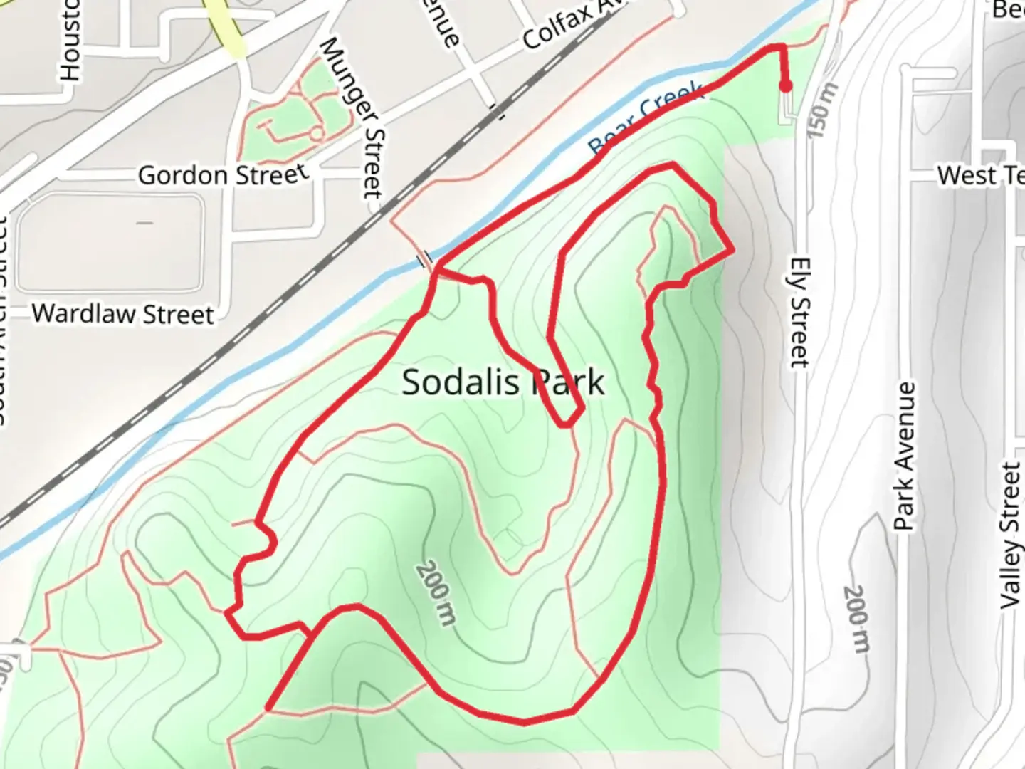 An image depicting the trail Bear Creek, Pirate Ridge and Sodalis Loop Trail and its surrounding area.