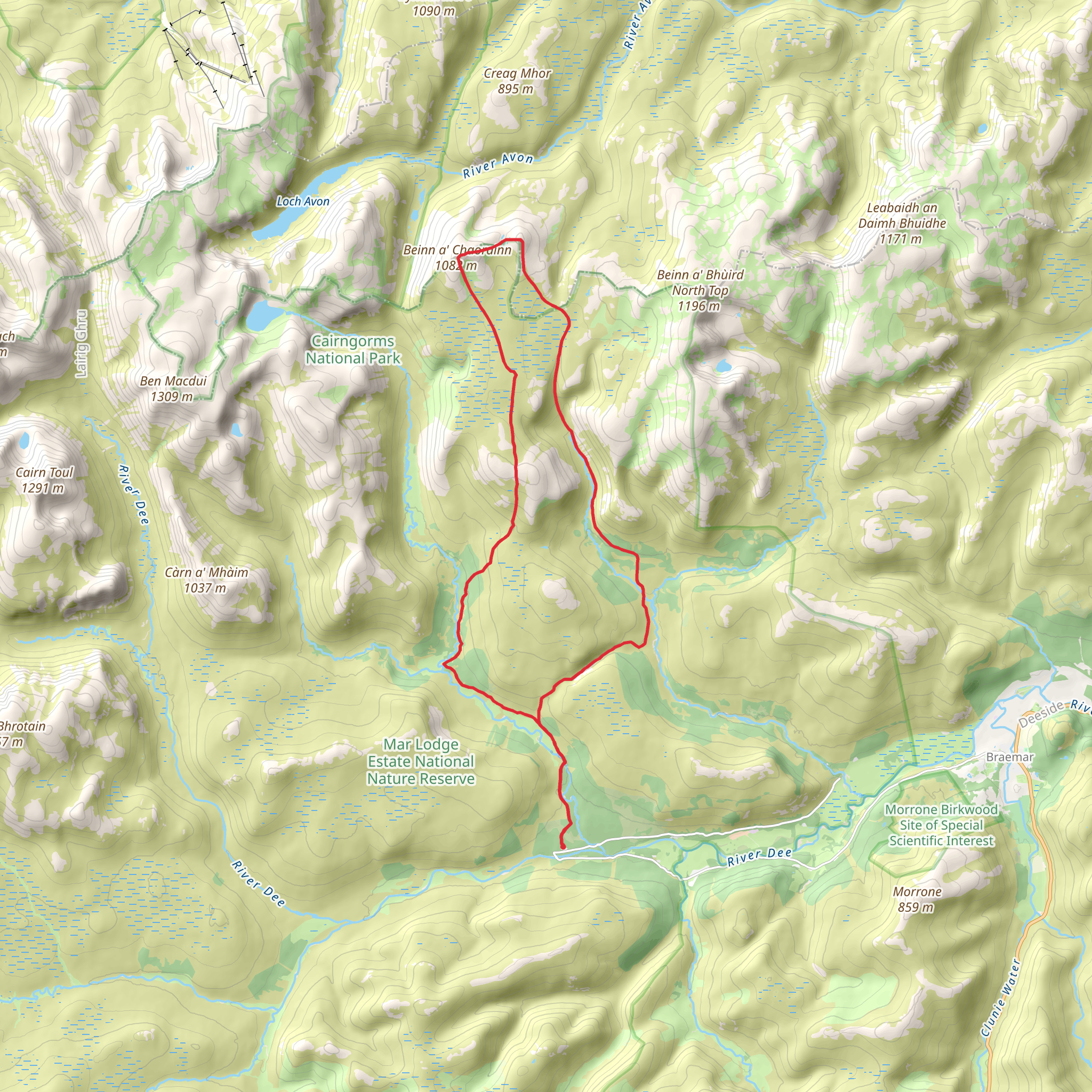 Beinn a' Chaorainn from Linn of Dee mobile static map