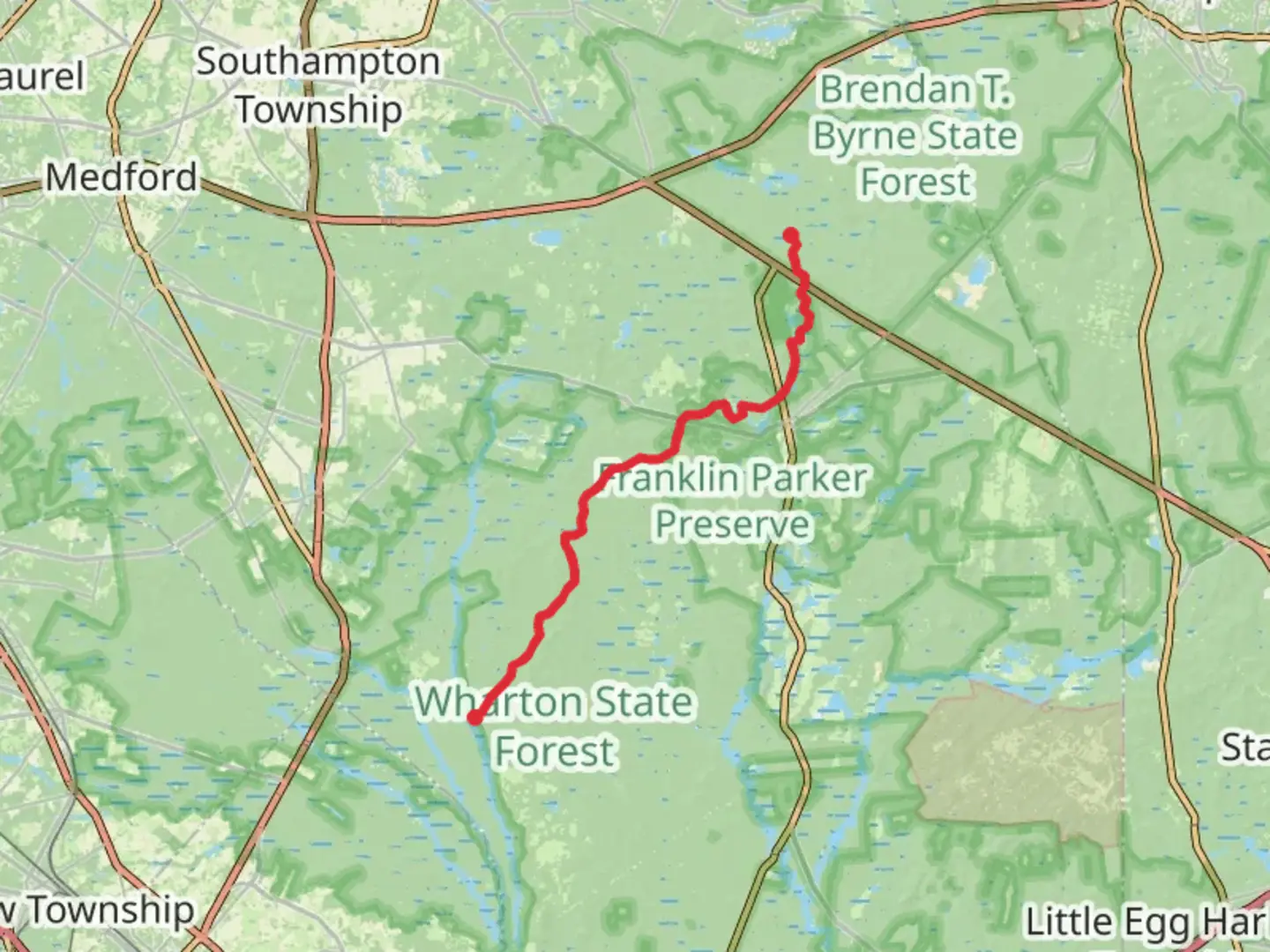 An image depicting the trail Batona Trail to Pakim Pond from Lower Forge and its surrounding area.