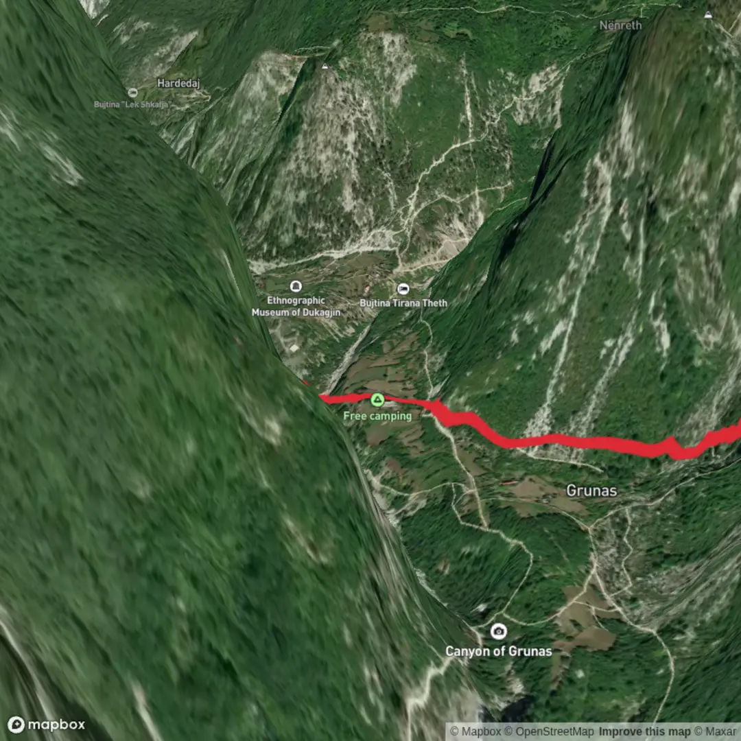 An image depicting the trail Theth to Grunas Waterfall and its surrounding area.