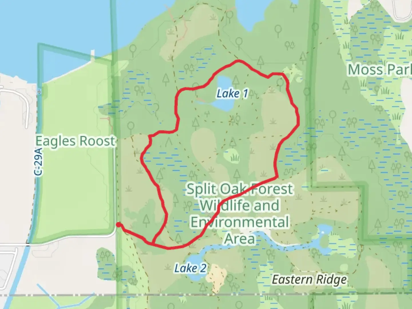 An image depicting the trail Center Trail and North-South Trail Loop and its surrounding area.