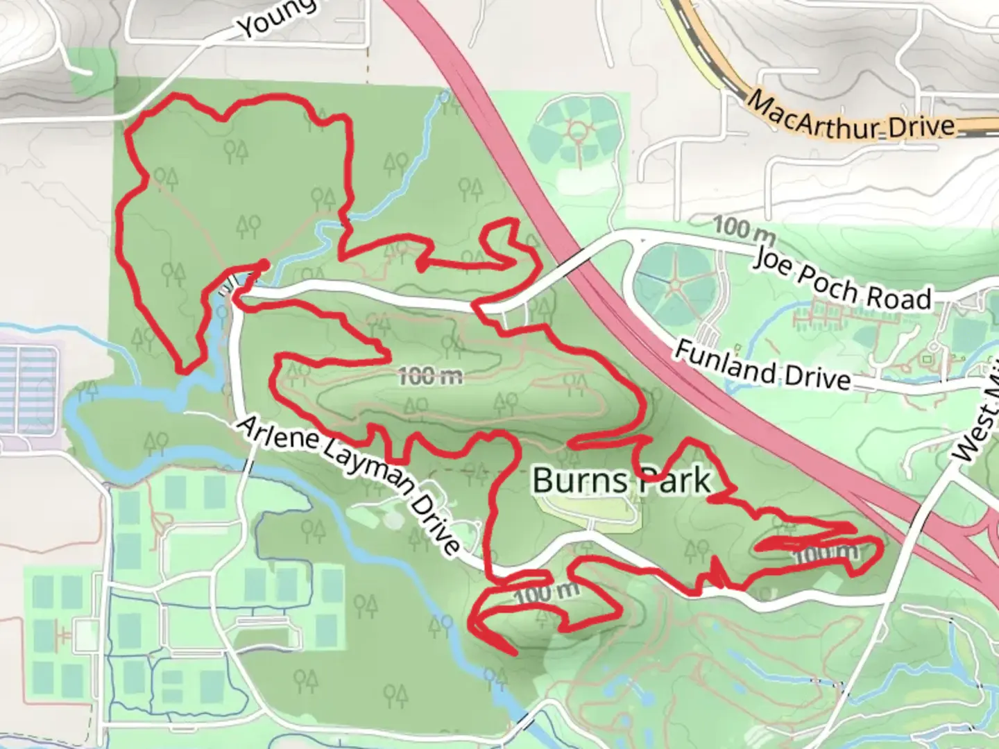 An image depicting the trail Yellow and Green Loop Trail - Burns Park and its surrounding area.