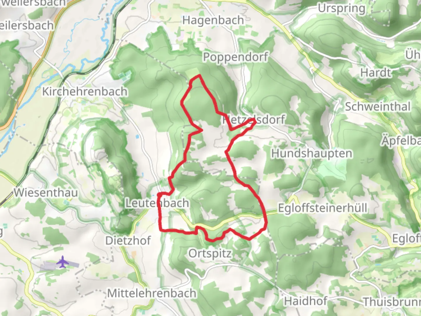 An image depicting the trail Katzenstein and Leutenbach Blick Loop and its surrounding area.