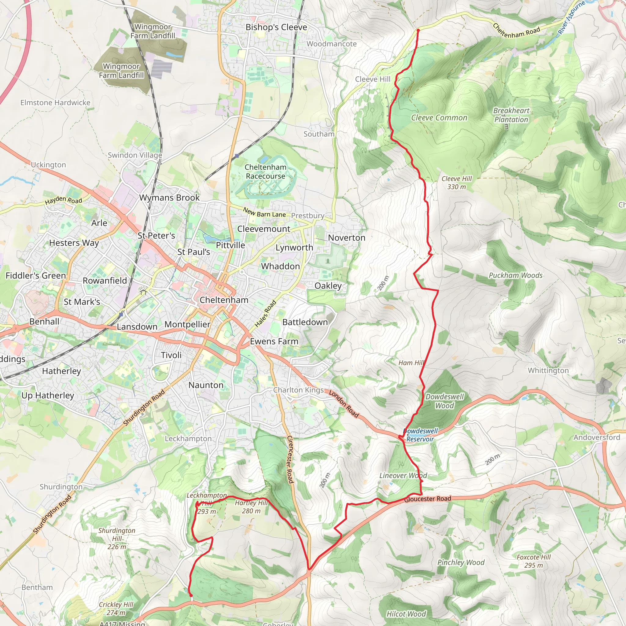Cleeve Hill to Seven Springs Walk mobile static map