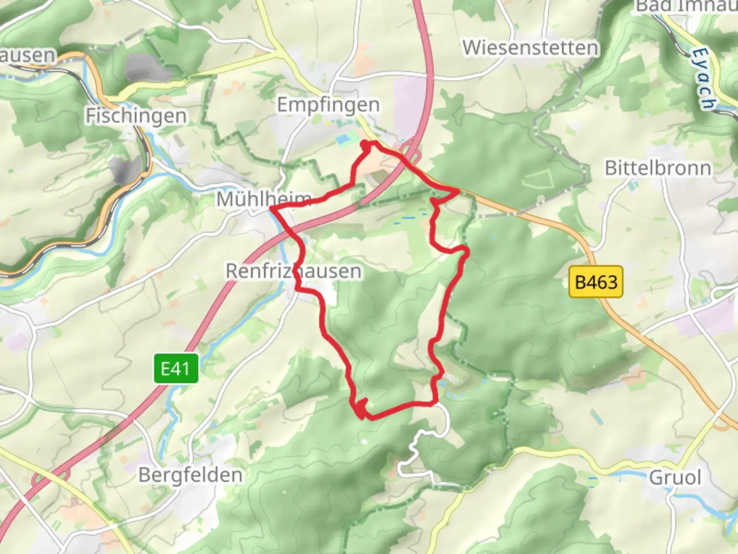 An image depicting the trail Vicinalstraße and Kirchberg Rundweg and its surrounding area.
