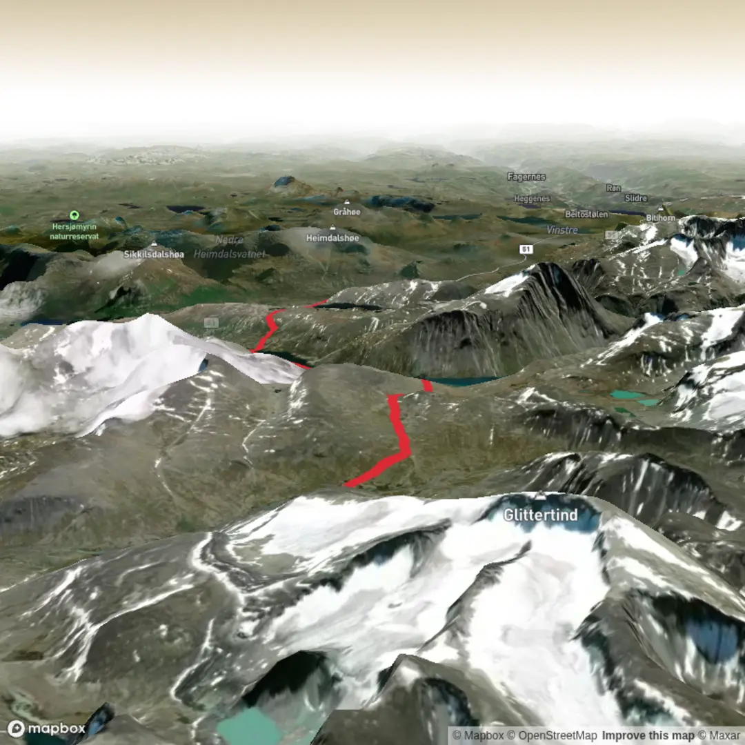 An image depicting the trail Glintheim - Gjendesheim and its surrounding area.