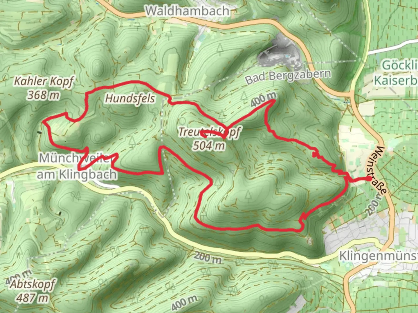 An image depicting the trail Treutelskopf Loop via August Becker Weg and its surrounding area.