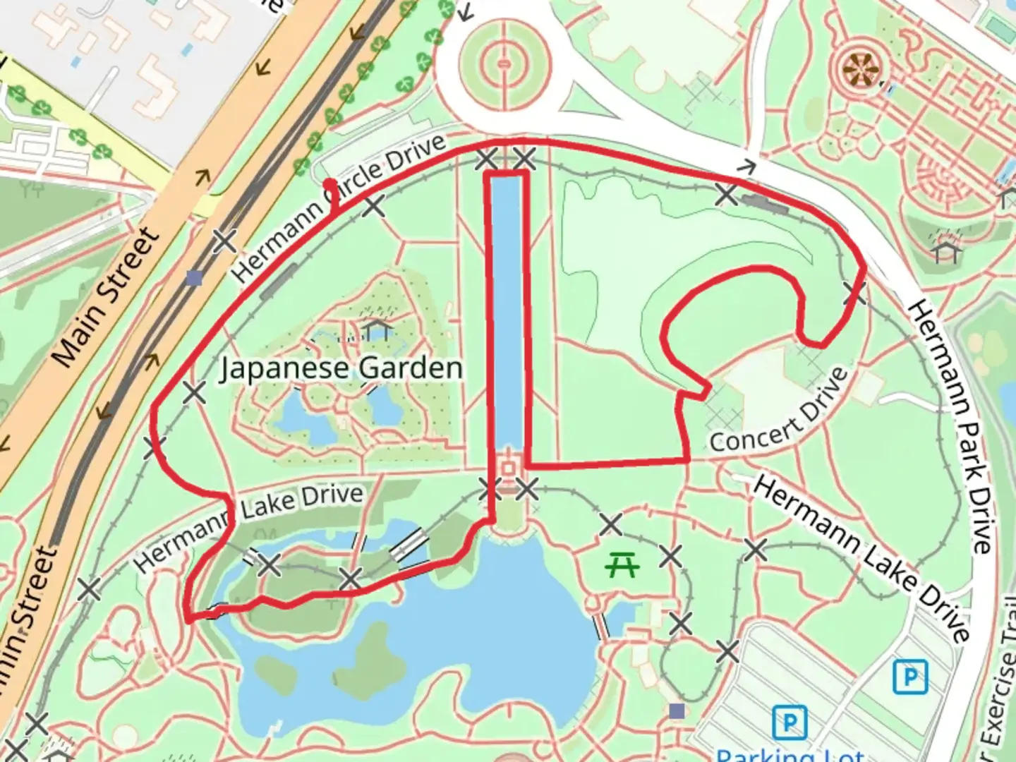 An image depicting the trail Mary Gibbs and Jesse H Jones Reflecting Pool Loop and its surrounding area.