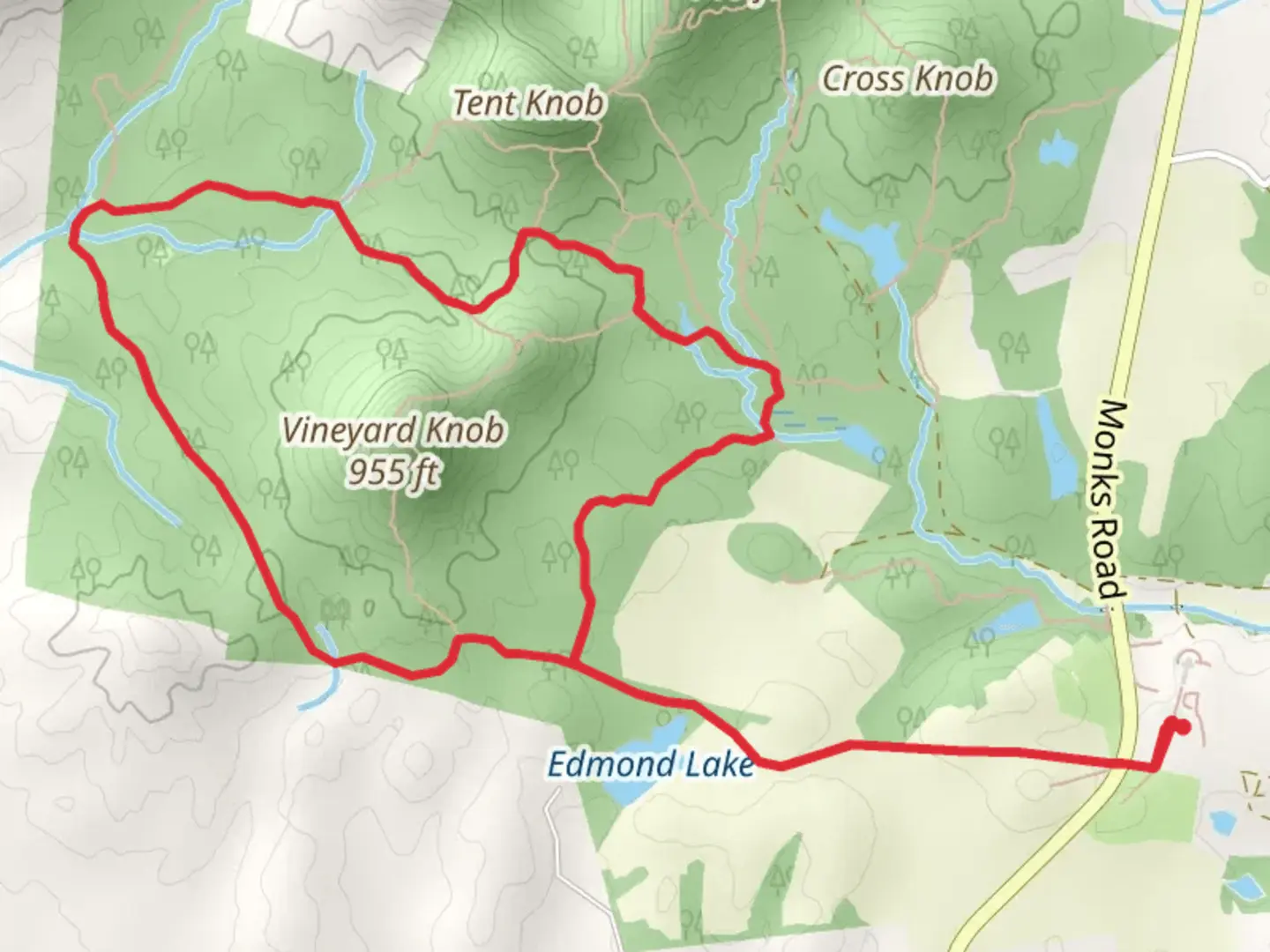 An image depicting the trail Vineyard Knob via Road to Hanekamp's Loop and its surrounding area.