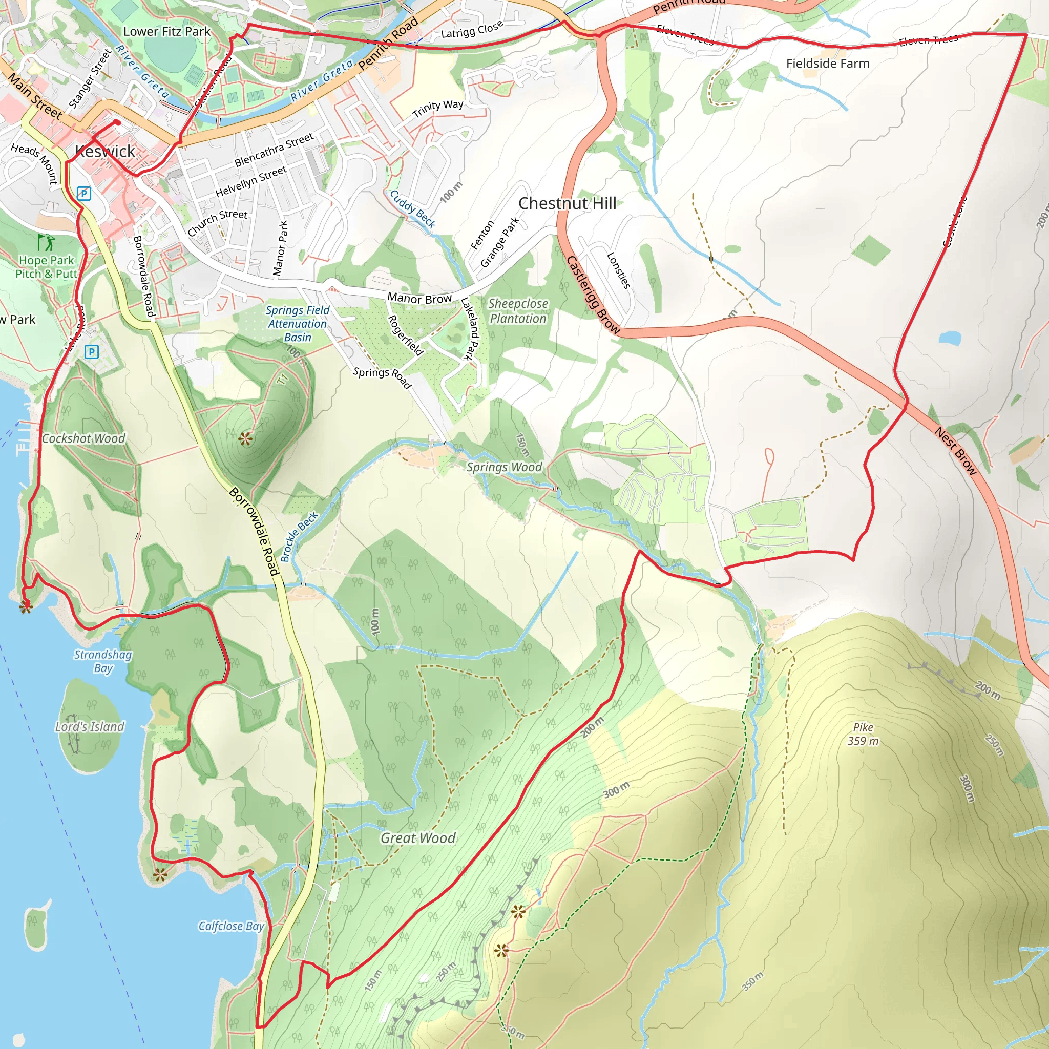 Keswick South Loop via Great Wood and Castlerigg Farm mobile static map