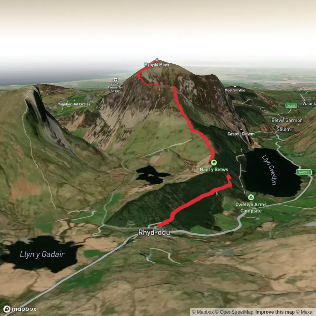 An image depicting the trail Rhyd-Ddu i Fynydd Fawr and its surrounding area.