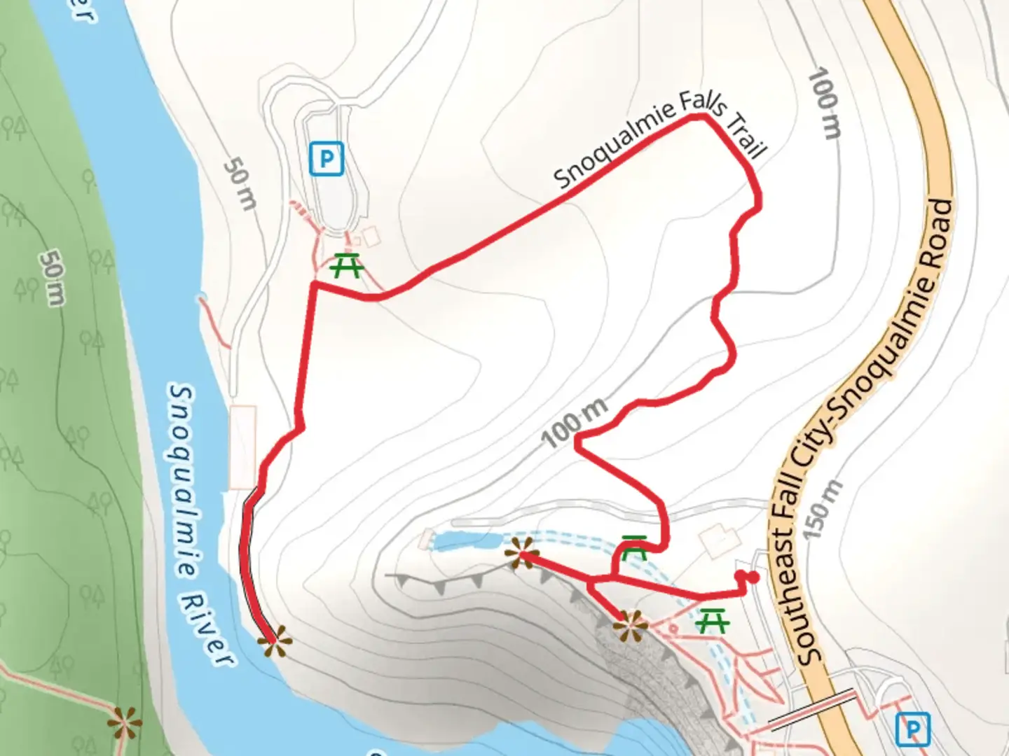 An image depicting the trail Snoqualmie Falls Trail and its surrounding area.