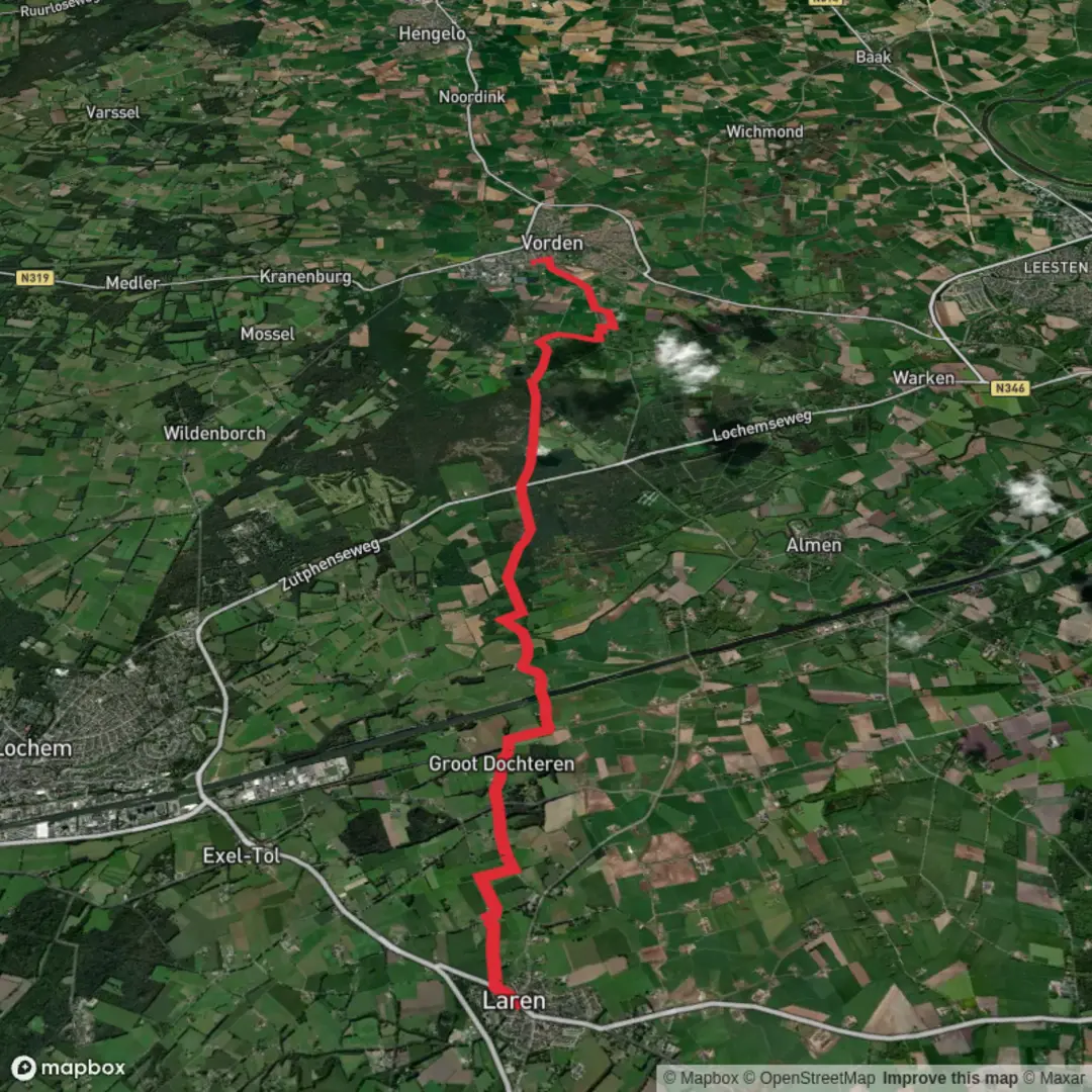 An image depicting the trail Laren to Vorden via Pieterpad deel 1 and its surrounding area.