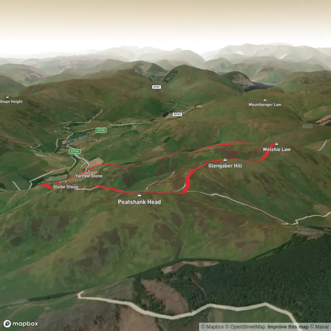 An image depicting the trail Peatshank Head, Glengaber Hill and Welshie Law Loop and its surrounding area.
