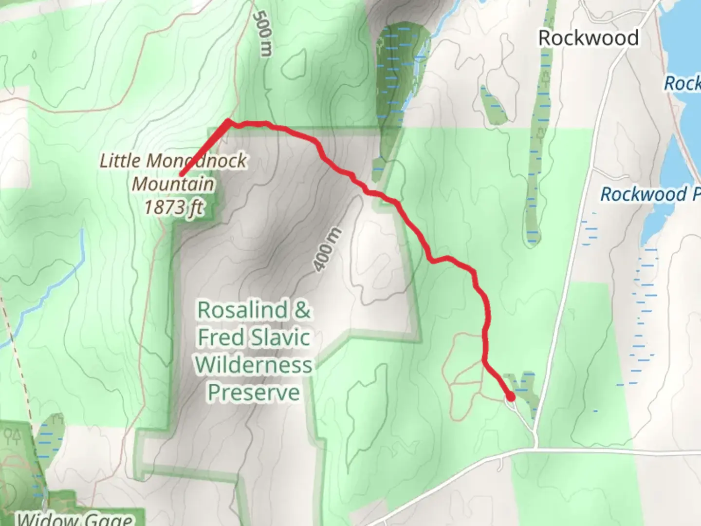 An image depicting the trail Little Monadnock Mountain from Rockwood Road and its surrounding area.
