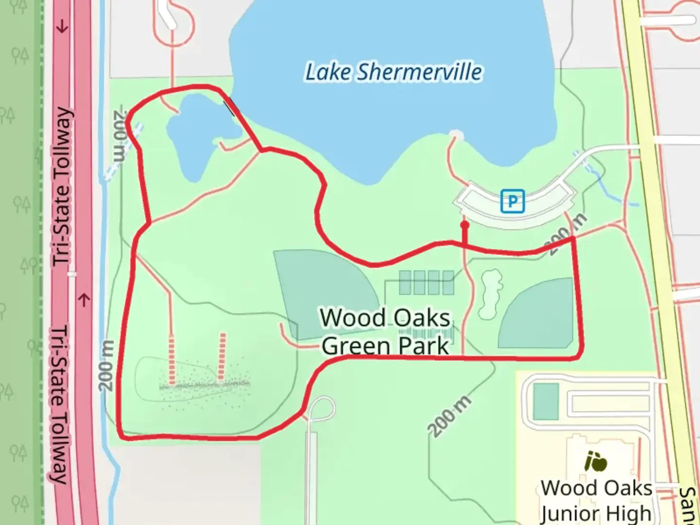 An image depicting the trail Wood Oaks Green Park Loop and its surrounding area.