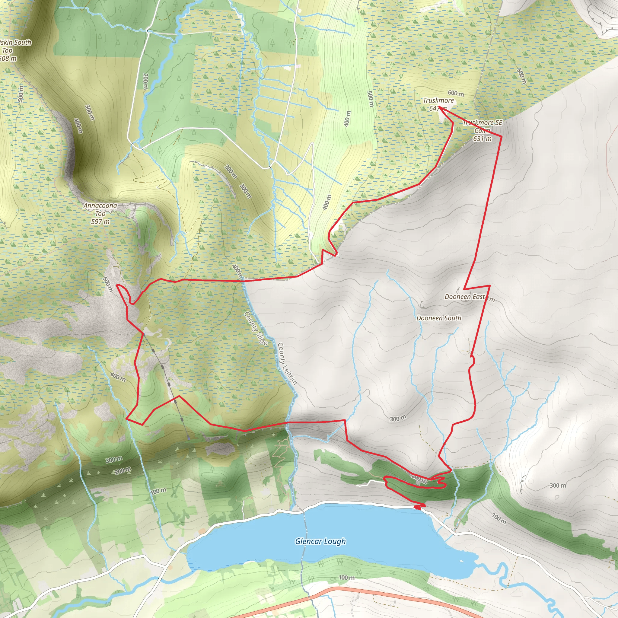 Truskmore from Bog Road via Tormore, the Dam and Mines mobile static map