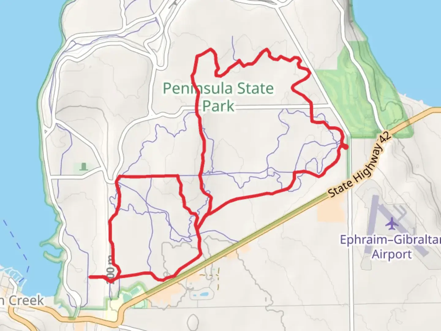 An image depicting the trail Peninsula State Park knot and its surrounding area.