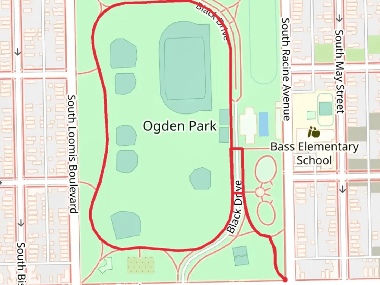 An image depicting the trail Ogden Park Loop and its surrounding area.